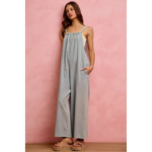 SO ME‎ Wide Leg Lightweight Denim Overalls - Light Denim - XL - Image 12