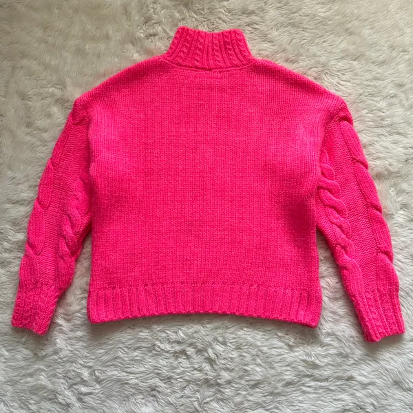 Anthropologie Sweater Mock Neck Cable-Knit Long Sleeve Neon Pink XXS - Image 4