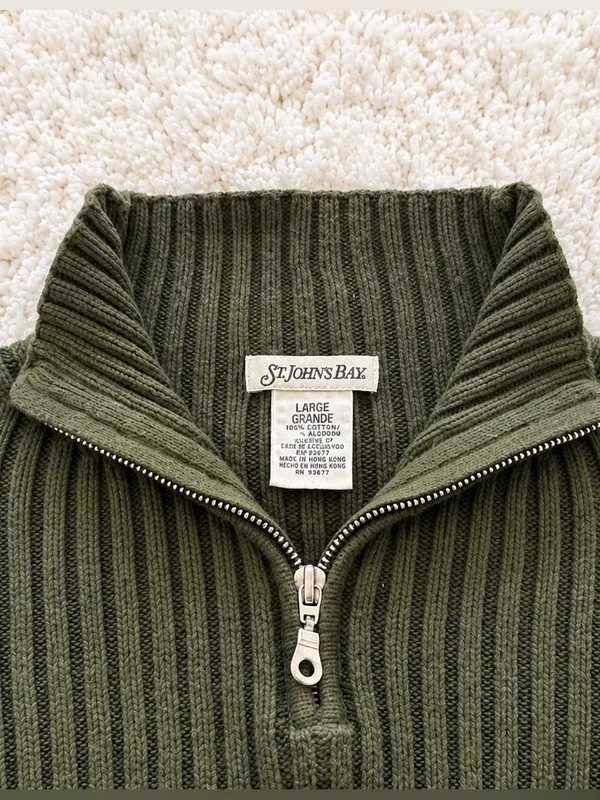 Vintage 90s St. John's Bay Ribbed Quarter Zip Sweater – Olive Green – L - Image 5