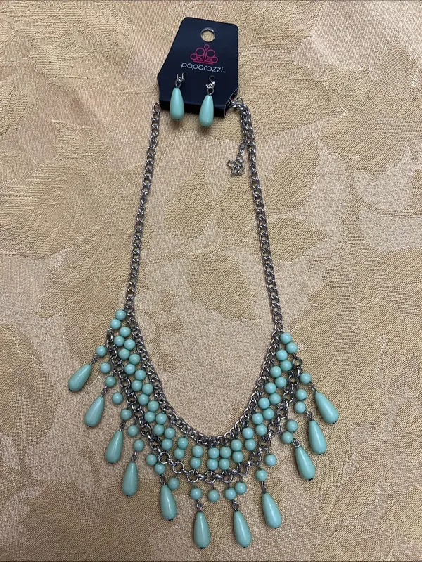 paparazzi Aqua Teardrop Layered Bib Necklace and Drop Earrings - Image 6