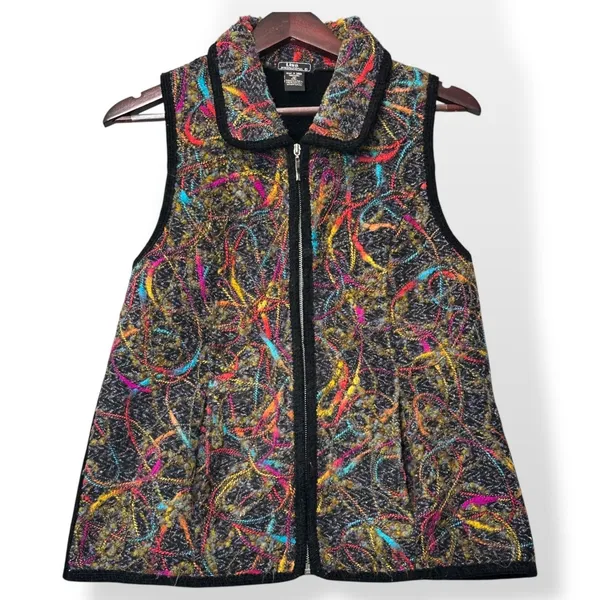 Lisa International Women Colorful Abstract Print Textured Zip Up Vest S Black - Image 2