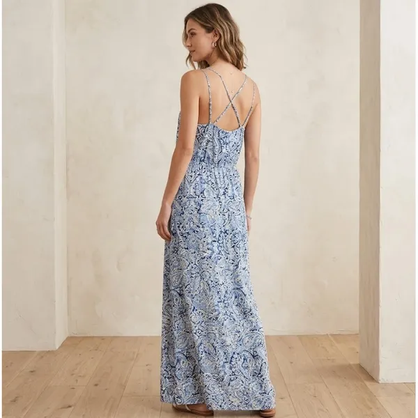LOFT Maxi Dress Blue Paisley Criss Cross Back Boho Wedding Party‎ Coastal M - Image 2