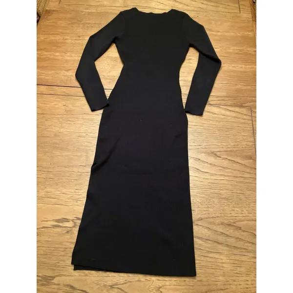 Women's Black Solid Ribbed Knit Maxi Dress Long Sleeve Crew Neck Regular M - Image 4