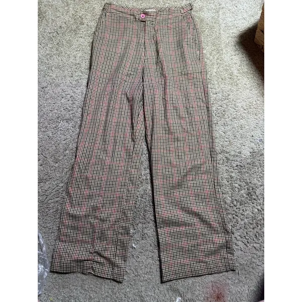 John Galt California Plaid Wide Leg Trousers Brown Red Check Pink Button 32W - Image 2