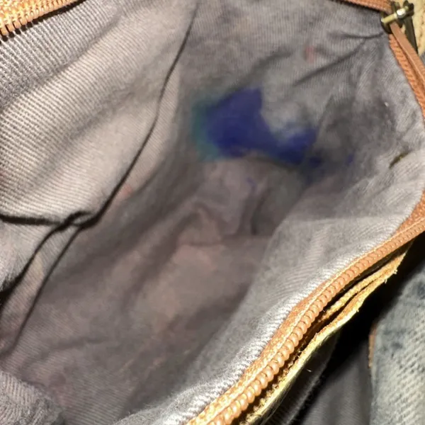 Schuler & Sons ANTHROPOLOGIE Tie Dyed Cotton Blue Canvas & Tan Leather 18" Bag - Image 7