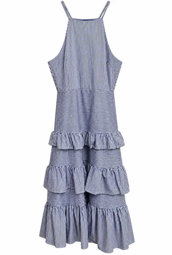 Just Me Blue Striped Tiered Ruffle Halter Midi Dress - Image 4