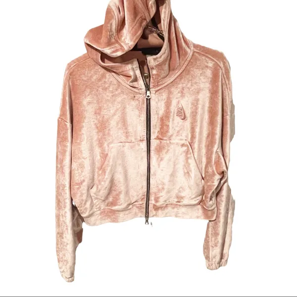 Nike Lab Essential Size Small Pink Velour Cropped Full Zip Hooded‎ Jacket - Image 2