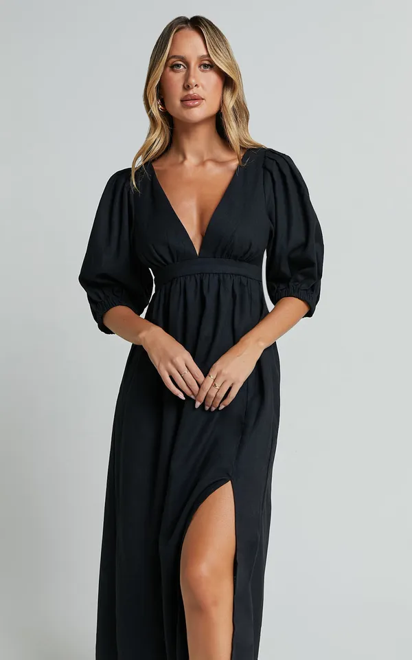New Showpo Eidie Midi Dress Linen Puff Sleeve Dress Size Small MSRP $89 - Image 3