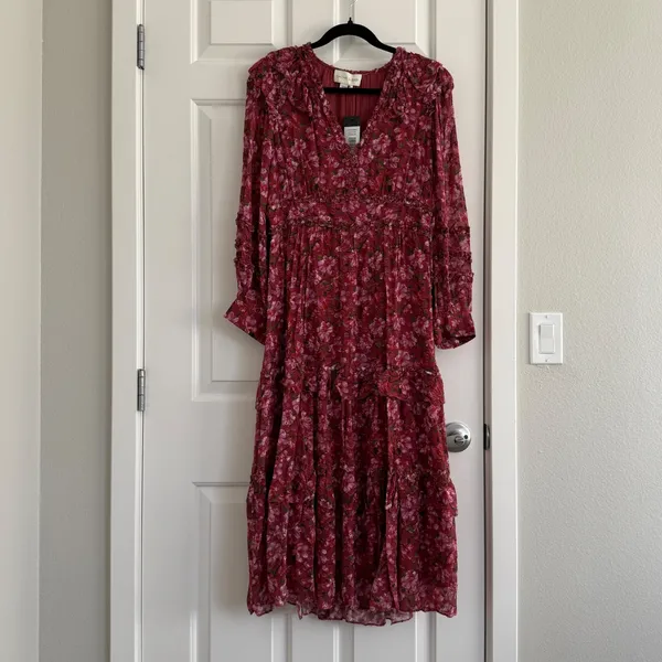 Sachin & Babi Ronnie Long Sleeve VNeck Ruffle Printed Midi Dress Size 4 Pink NWT - Image 3