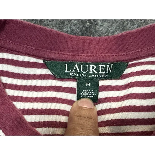 LAUREN Ralph Lauren Lace-Up Corset Henley Red & White Striped Long Sleeve M - Image 6