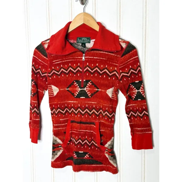 Lauren Ralph Lauren Active Red Southwestern Quarter Zip Cotton Pullover Small - Image 4