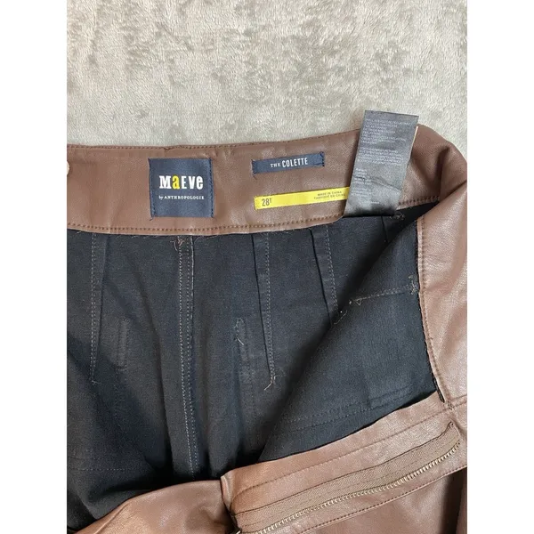 Anthropologie Wide-Leg Pants Brown Faux Leather Stretch Pockets Women's Tall 28T - Image 14