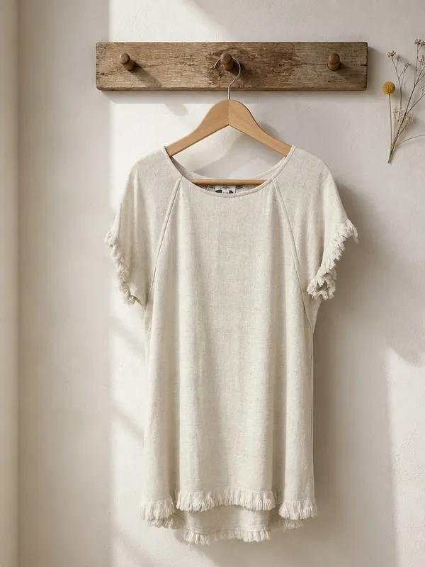 Umgee Cream Fringe Short Sleeve Swim Coverup Dress - Image 2
