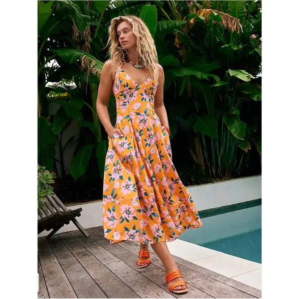 Free People Finer Things Printed Halter Midi Dress Sunshine Combo Medium - Image 4
