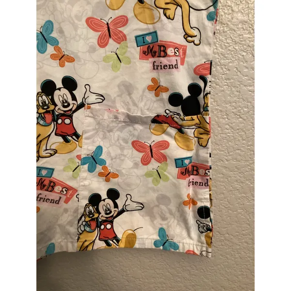 Disney Mickey & Pluto "My Best Friend" Butterfly V-neck Nurse Scrub Top M - Image 3