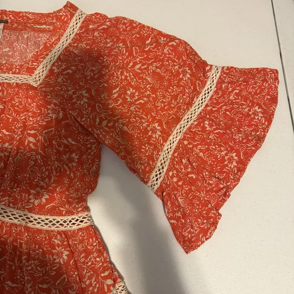Free People XS Orange Boho Print Tunic Top Blouse W Ivory‎ Crochet Trim Tiered - Image 10