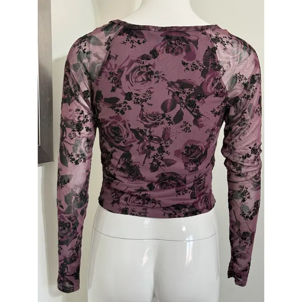 Derek Heart Y2K Purple Mesh Floral Lace Trim Long Sleeve Crop Top Grunge Blouse Women’s M - Image 6