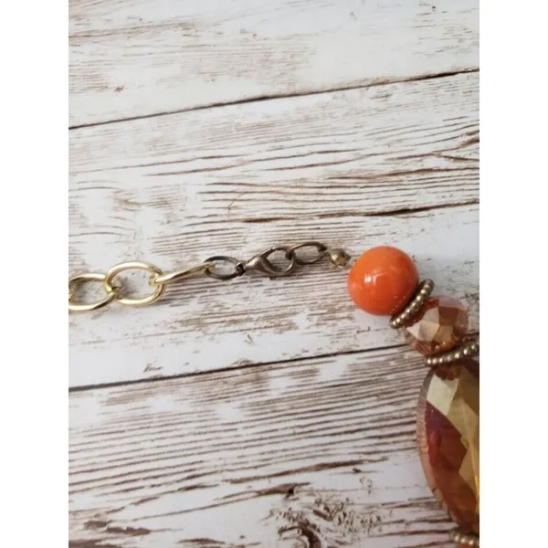 Vintage Necklace Orange & Gold Tone Multi Layer Statement Necklace - Image 3