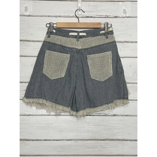 POL Crochet Drawstring Shorts Small Blue White Denim Cotton - Image 3