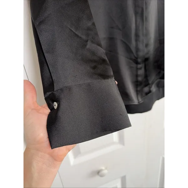 Rachel Zoe Black Satin Button Down Blouse Womens Size L Long Sleeve Band Collar - Image 2