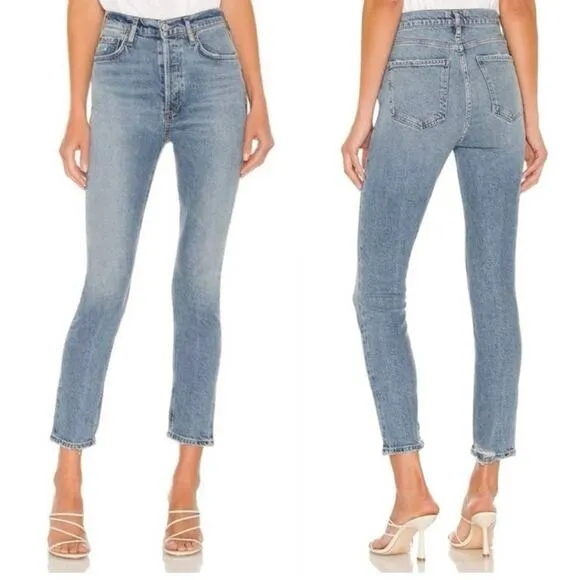 Agolde Nico High Rise Slim Jeans Button Fly Light Distressing Med Wash Size 25 - Image 2