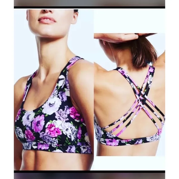 Victoria's Secret Sport Bra Women S Purple Floral Strappy Cage Back Activewear - Image 2