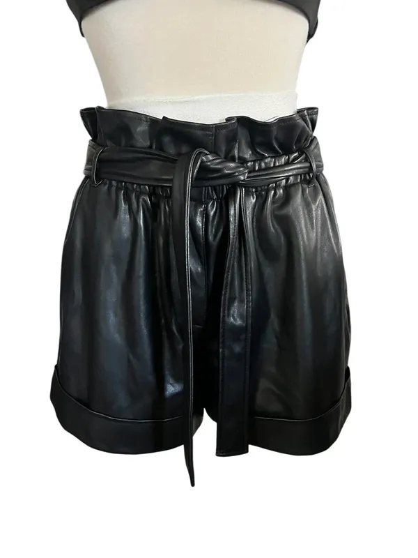 AQUA Faux Leather Shorts, High Waisted Black Size Medium - Image 2
