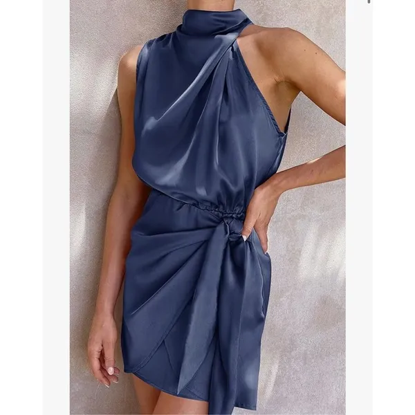 NEW Satin Sleeveless Halter Neck Tie Waist Wrap Bodycon Mini Dress M - Image 5