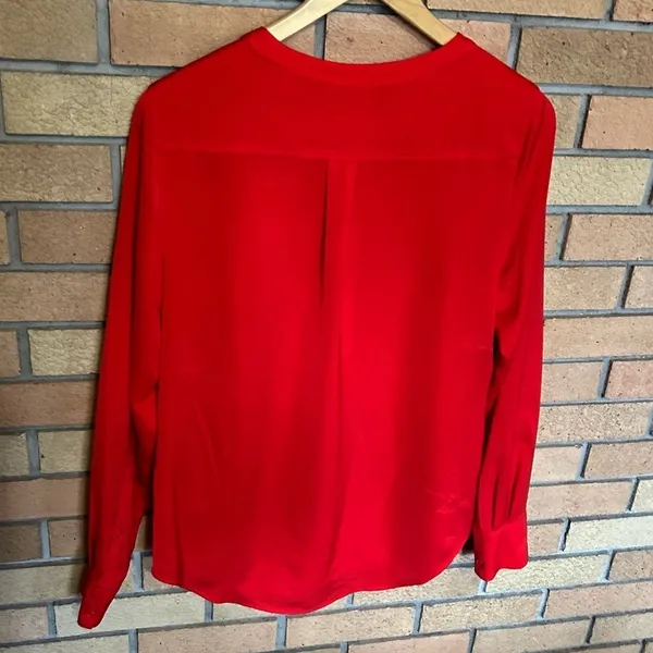 J Crew Red Poppy Blouse Drapey Crepe Henley Tunic Long Sleeve Top Women’s Size S - Image 3
