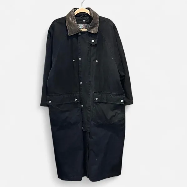 Vintage 90s Black Cotton Maxi Barn Jacket Leather Collar Oversized Small - Image 4