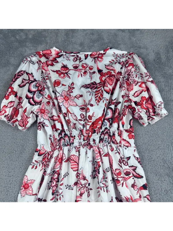 Floral V-Neck Midi Dress With Puff Sleeves & Ruffled Hem Red & White - Image 9