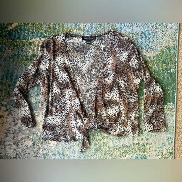 Vintage 90s August Silk mesh wrap tie animal print top, size large - Image 8