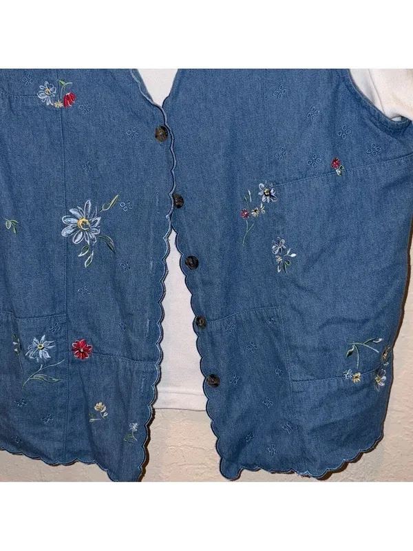 Vintage embroidered floral denim vest with attached shirt cottagecore grandma - Image 4