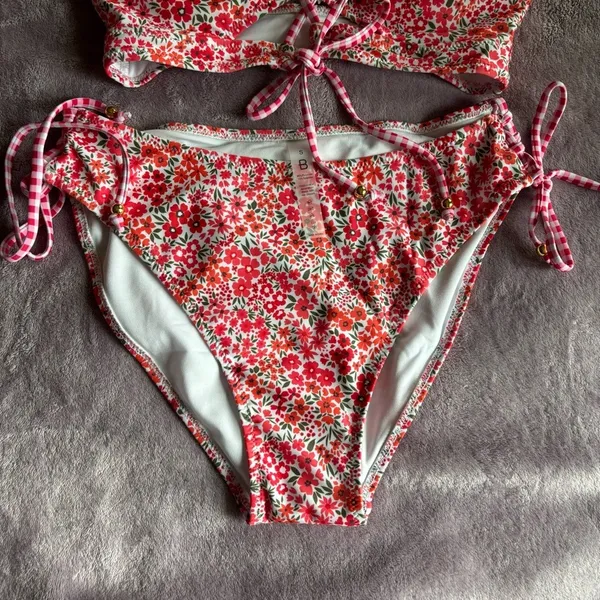 Blooming Jelly Red Floral Lace Up Bikini Set Gingham Straps New Small - Image 6