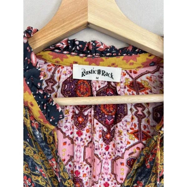 The Rustic Rack Boutique Bohemian Floral Print V Neck Flared Sleeve Blouse Sz M - Image 6