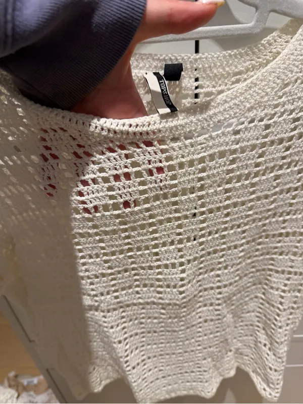 Topshop Cream Crochet Short-Sleeve Knit Crop Top - Image 4