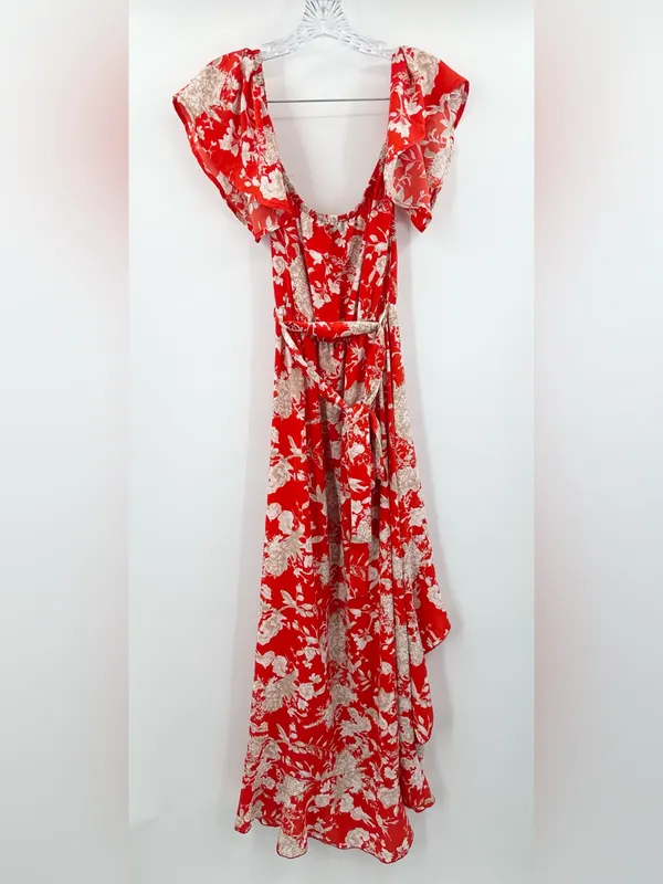 Vici Azalea Floral Off‎ Shoulder Hi-Low Dress Size Medium Red/Orange - Image 3