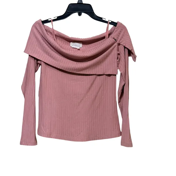 Anthropologie Pink Ribbed Off Shoulder Long Sleeve Button Detail Top Small‎ - Image 2