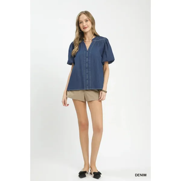 Umgee‎ Denim Button Front Puff Sleeve Boho Blouse - Large - Image 5
