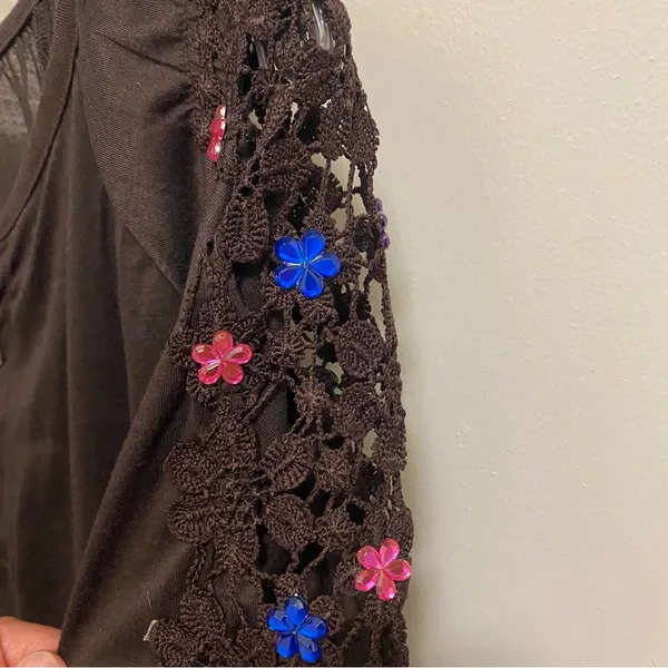 New York Laundry Womens Sheer Top Blouse XL Brown Lace Sleeves Jeweled Flowers - Image 5