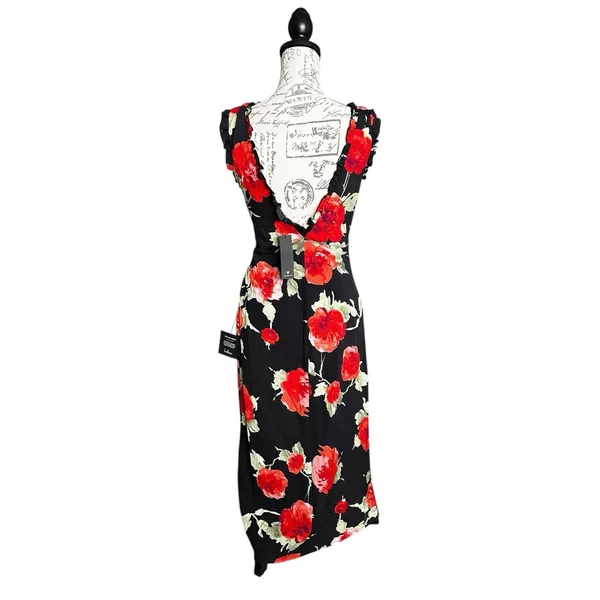 New Lulu's Clarrie Black Red Floral Crinkle Satin Ruffled Midi Dress Size Small - Image 3