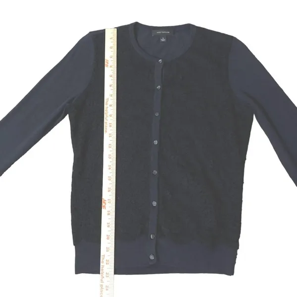 Ann Taylor Cardigan Sweater Womens S Used Navy with Black Lace Front - Image 7