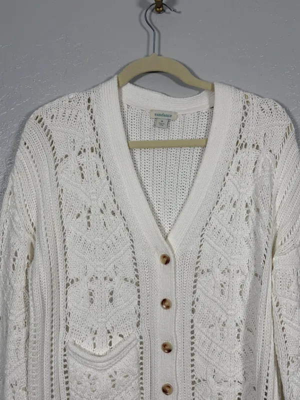 Sundance Women M White Hand Knit Cardigan Sweater 100% Cotton Cable Knit Pockets - Image 3