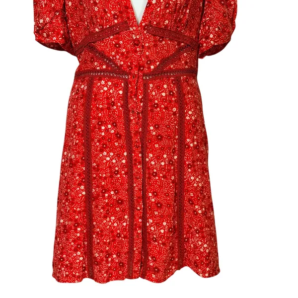Free People Red Floral V-Neck Mini Dress Crochet Lace Trim Puff Sleeve Medium - Image 3