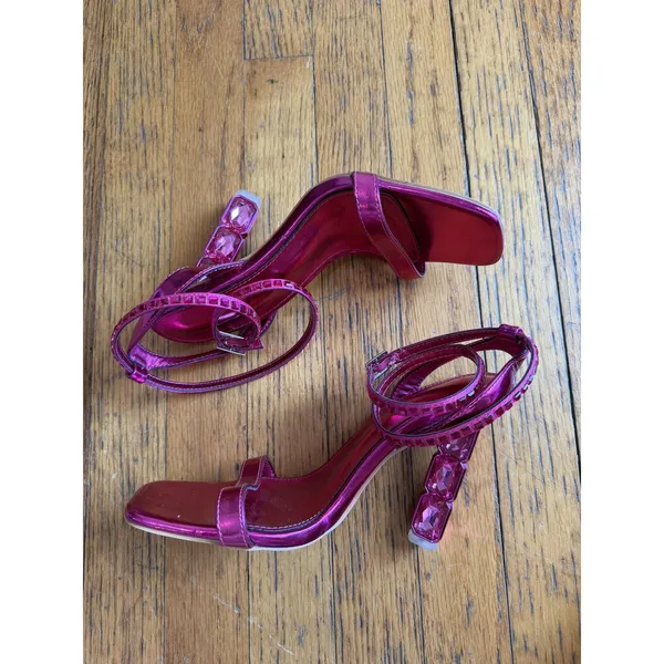 Pink Rhinestone Strappy Heel Sandals Shoes Womens Size 8 Square Toe Party - Image 6