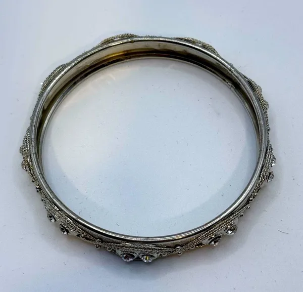 Silver Toned Rhinestone Bangle Bracelet - Image 5
