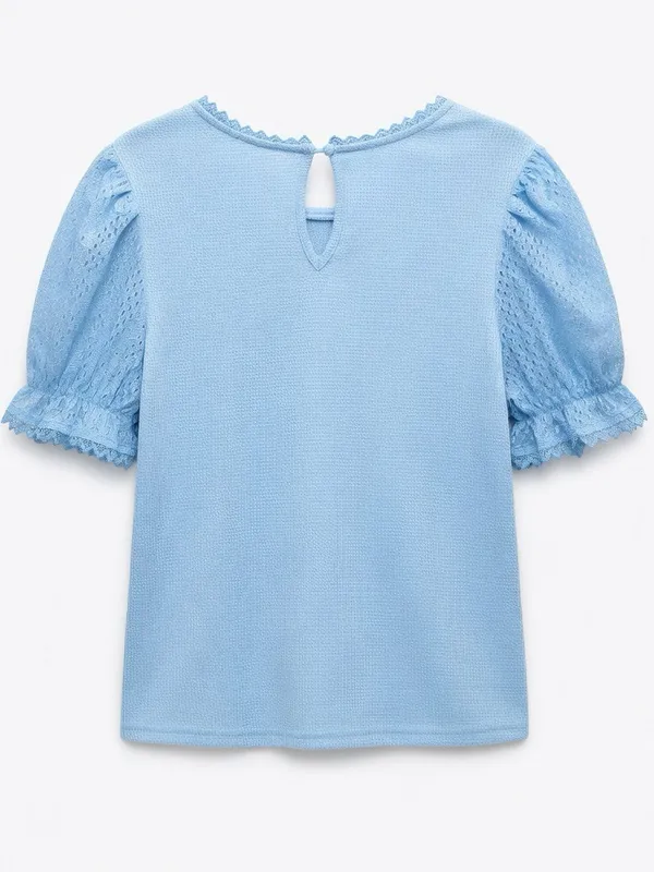 COOKIES CLOTHING Light Blue Lace Trim Swiss Dot Sheer Puff Sleeve Blouse - Image 4