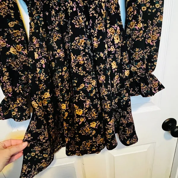 SheIn Black Floral Long Sleeve Mock Neck Smocked Waist Mini Dress XS Whimsical Gothic - Image 8