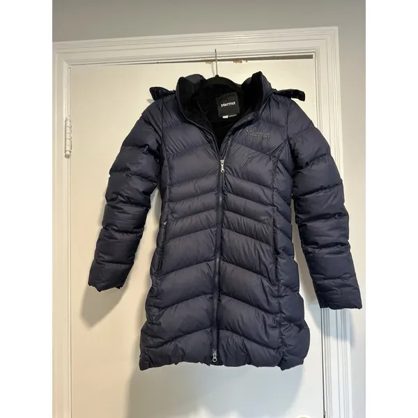 EUC Marmot Sz:XS Navy 700 Down fill Hooded Mid Length Parka Winter Coat Jacket - Image 13