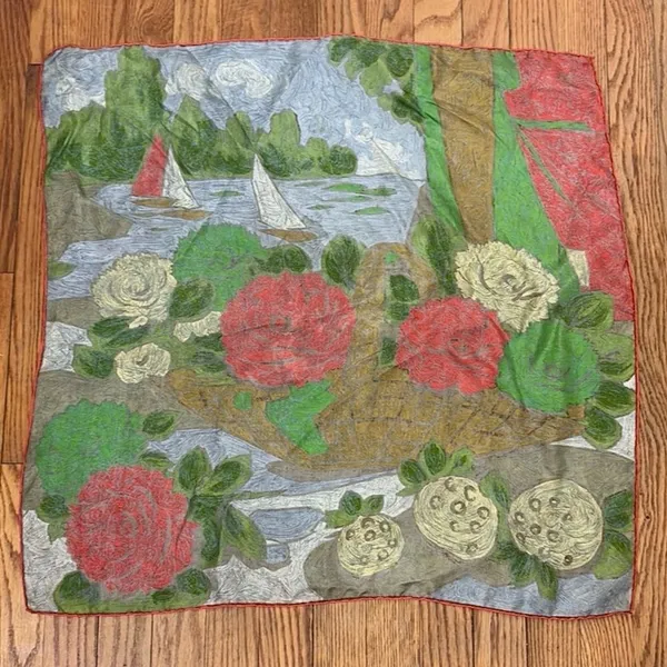 Vintage Impressionist Floral Basket‎ Sailboat Lake Scene Square Scarf Red Green - Image 7